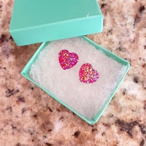 Glittery Red Heart Druzy Stud Earrings